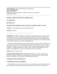 Financial institutions / Bank regulation in the United States / Federal Deposit Insurance Corporation / Certificate of deposit / Deposit insurance / Savings and loan association / Insurance / Totten trust / Deposit account / Finance / Financial services / Investment