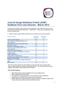 Journal Usage Statistics Portal (JUSP) feedback from new libraries - March 2012 The following provides a brief summary of the responses to the JUSP new joiners survey during the six month period October 2011 – March 20