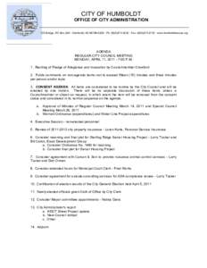 CITY OF HUMBOLDT OFFICE OF CITY ADMINISTRATION 725 Bridge, PO Box 228 · Humboldt, KS · Ph: ( · Fax: ( · www.humboldtkansas.org AGENDA REGULAR CITY COUNCIL MEETING