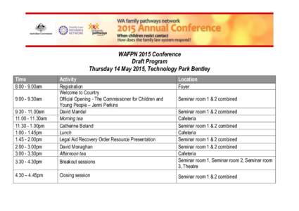 WAFPN 2015 Conference Draft Program Thursday 14 May 2015, Technology Park Bentley Time  Activity