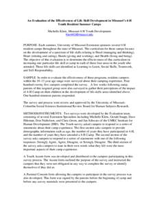 Research Project Title: An Evaluation of the Effectiveness of Life Skill Development in Missouri’s 4-H Youth Resident Summer Camps