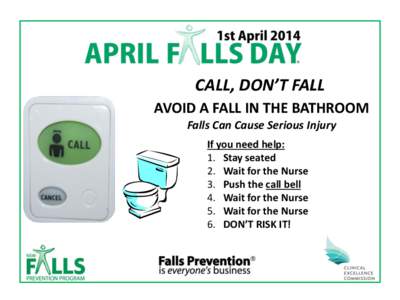 CALL, DON’T FALL AVOID A FALL IN THE BATHROOM Falls Can Cause Serious Injury If you need help: 1. Stay seated 2. Wait for the Nurse