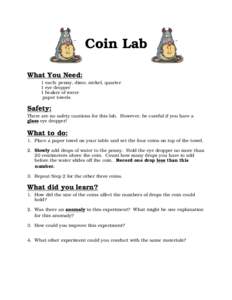 Coin Lab What You Need: 1 each: penny, dime, nickel, quarter 1 eye dropper 1 beaker of water paper towels