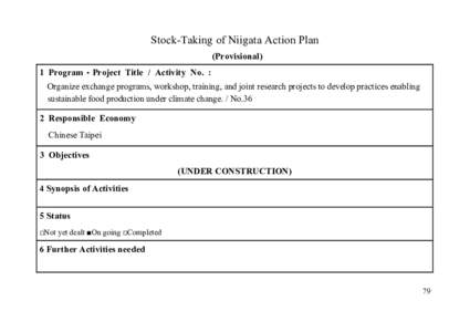 Stock-Taking of Niigata Action Plan (Provisional) 1 Program・Project Title / Activity No. : Organize exchange programs, workshop, training, and joint research projects to develop practices enabling sustainable food prod
