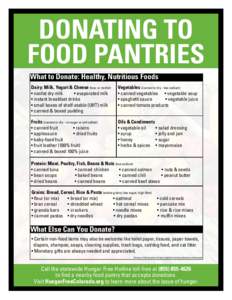 DONATING TO FOOD PANTRIES What to Donate: Healthy, Nutritious Foods Dairy: Milk, Yogurt & Cheese (low- or nonfat) • nonfat dry milk • evaporated milk