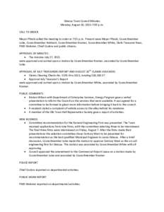 Odessa Town Council Minutes Monday, August 10, 2015-7:00 p.m. CALL TO ORDER Mayor Plinski called the meeting to order at 7:05 p.m. Present were Mayor Plinski, Councilmember Lobe, Councilmember Hubbard, Councilmember Kram