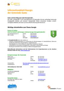 Informationsblatt Energie der Gemeinde Gams Gams auf dem Weg zum Label Energiestadt… Das Label „Energiestadt“ ist ein Leistungsausweis für Gemeinden, die eine nachhaltige kommunale Energiepolitik vorleben und umse