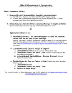 Milan IES Courses and IU Equivalencies ***A minimum of 15 credits is required for the IES Milan program*** Select courses as follows: I. Required 6-credit language block based on placement exam a. First 2-3 weeks of cour