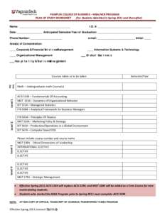 PAMPLIN COLLEGE OF BUSINESS – MBA/NCR PROGRAM PLAN OF STUDY WORKSHEET (For Students Admitted in Spring 2011 and thereafter) Name: __________________________________  I.D. #: ____________________________________