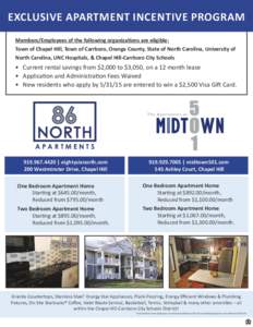 EXCLUSIVE APARTMENT INCENTIVE PROGRAM Members/Employees of the following organizations are eligible: Town of Chapel Hill, Town of Carrboro, Orange County, State of North Carolina, University of North Carolina, UNC Hospit
