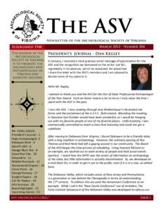 The ASV Newsletter of the Archeological Society of Virginia March 2012 • Number 204 Established 1940 The mission of the
