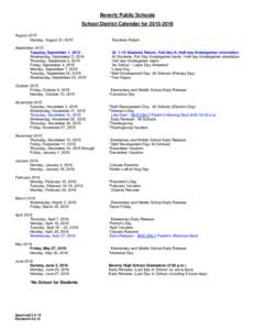 Beverly Public Schools School District Calendar forAugust 2015 Monday, August 31, 2015  Teachers Return