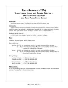 Rate Schedule LP-3 Loup Large Light and Power Service Distribution Delivery Loup River Public Power District Available Within the service area of the District from lines of 12,470 volts or less.