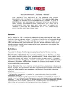 Non-Discrimination Ordinance Template [THIS DOCUMENT WAS PREPARED BY THE MICHIGAN CIVIL RIGHTS COMMISSION AND IS INTENDED AS A TEMPLATE THAT MAY, IN THEIR OWN JUDGMENT, BE USED BY LOCAL GOVERNMENT BODIES SEEKING TO ADOPT