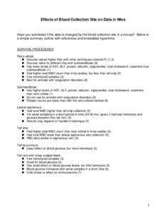 Effects of Blood Collection Site on Data in Mice  Have you wondered if the data is changed by the blood collection site in a mouse? Below is a simple summary outline with references and embedded hyperlinks.  SURVIVAL PRO