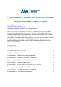 A Shared Responsibility - Final Report of the Apprenticeship Expert Panel Submission, Accommodation Association of Australia 14 April[removed]removed] Department of Education, Employment and Workpla