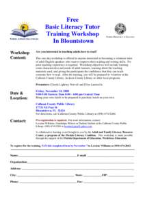 Free Basic Literacy Tutor Training Workshop In Blountstown Workshop Content: