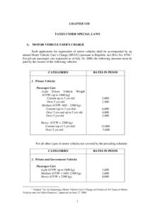 CHAPTER VIII  TAXES UNDER SPECIAL LAWS A. MOTOR VEHICLE USER’S CHARGE Each application for registration of motor vehicles shall be accompanied by an annual Motor Vehicle User’s Charge (MVUC) pursuant to Republic Act 