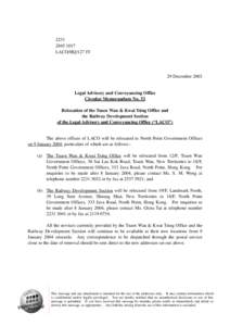 Legal Advisory and Conveyancing Office Circular Memorandum No. 52 Relocation of the Tsuen Wan & Kwai Tsing Office and the Railway Development Section of the Legal Advisory and Conveyancing Office (“LACO”)