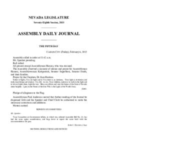 NEVADA LEGISLATURE Seventy-Eighth Session, 2015 ASSEMBLY DAILY JOURNAL THE FIFTH DAY CARSON CITY (Friday), February 6, 2015