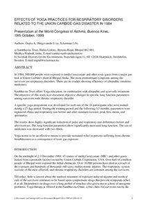 EFFECTS OF YOGA PRACTICES FOR RESPIRATORY DISORDERS RELATED TO THE UNION CARBIDE GAS DISASTER IN 1984 Presentation at the World Congress of Asthma, Buenos Aires,