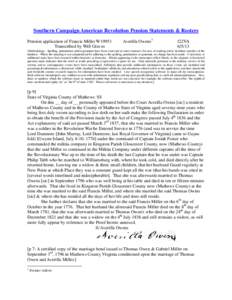 Southern Campaign American Revolution Pension Statements & Rosters Pension application of Francis Miller W19951 Transcribed by Will Graves Averilla Owens 1