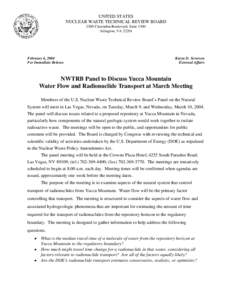 NWTRB Panel to Discuss Yucca Mountain Water Flow and Radionuclide Transport at March Meeting