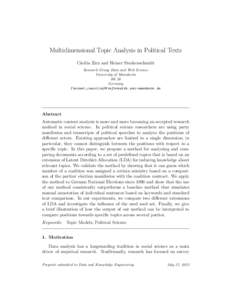 Multidimensional Topic Analysis in Political Texts C¨acilia Zirn and Heiner Stuckenschmidt Research Group Data and Web Science University of Mannheim B6 26 Germany