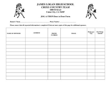 JAMES LOGAN HIGH SCHOOL CROSS COUNTRY TEAM 1800 H Street Union City, CA[removed]JOG-A-THON Door to Door Form Runner’s Name________________________________________ Phone Number ______________________