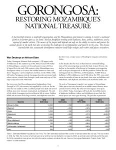 GORONGOSA: RESTORING MOZAMBIQUE’S NATIONAL TREASURE A partnership between a nonprofit organization and the Mozambican government is aiming to restore a national park to its former glory as an iconic African floodplain 