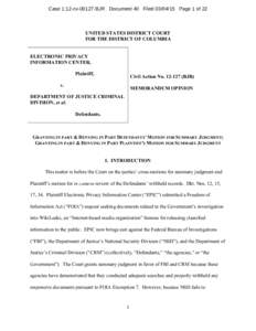 Case 1:12-cv[removed]BJR Document 40 Filed[removed]Page 1 of 22  UNITED STATES DISTRICT COURT FOR THE DISTRICT OF COLUMBIA ELECTRONIC PRIVACY INFORMATION CENTER,