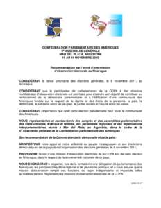 CONFÉDÉRATION PARLEMENTAIRE DES AMÉRIQUES Xe ASSEMBLÉE GÉNÉRALE MAR DEL PLATA, ARGENTINE 15 AU 19 NOVEMBRE[removed]Recommandation sur l’envoi d’une mission