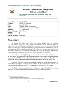 CSX Transportation Coal Train Derailment Killed Two Individuals  National Transportation Safety Board Railroad Accident Brief CSX Transportation Coal Train Derailment Killed Two Individuals