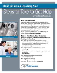 Don’t Let Vision Loss Stop You:  Steps to Take to Get Help. www.VisionAware.org  First Step: Be Aware