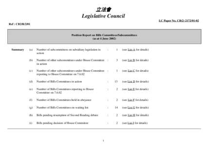 立法會 Legislative Council LC Paper No. CB[removed]Ref : CB2/R[removed]Position Report on Bills Committees/Subcommittees