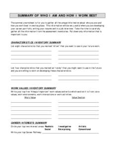 SUMMARY OF WHO I AM AND HOW I WORK BEST The summary worksheet is for you to gather all the unique information about who you are and how you work best in one key place. This information will be very useful when you are de