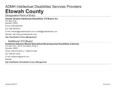 ADMH Intellectual Disabilities Services Providers  Etowah County Designated Point of Entry  Greater Etowah Intellectual Disabilities 310 Board, Inc.