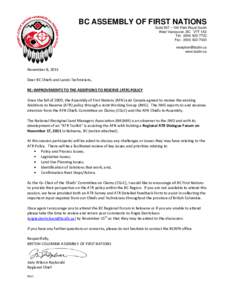 BC ASSEMBLY OF FIRST NATIONS Suite 507 – 100 Park Royal South West Vancouver, BC V7T 1A2 Tel: ([removed]Fax: ([removed]removed]