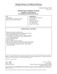 National Conference on Weights and MeasuresShady Grove Road, Suite 130 • Rockville, MDCertificate Number: Page 1 of 2  National Type Evaluation Program