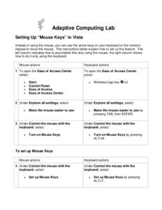 Adaptive Computing Lab Setting Up “Mouse Keys” in Vista Instead of using the mouse, you can use the arrow keys on your keyboard or the numeric keypad to move the mouse. The instructions below explain how to set us th