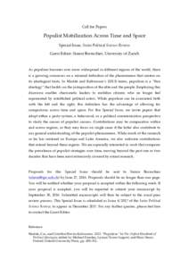 Call for Papers  Populist Mobilization Across Time and Space Special Issue, Swiss Political Science Review Guest Editor: Simon Bornschier, University of Zurich