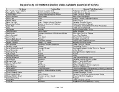 Signatories to the Interfaith Statement Opposing Casino Expansion in the GTA[removed]