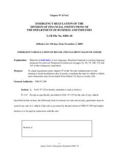 Chapter 97 of NAC  EMERGENCY REGULATION OF THE DIVISION OF FINANCIAL INSTITUTIONS OF THE DEPARTMENT OF BUSINESS AND INDUSTRY LCB File No. E001-10