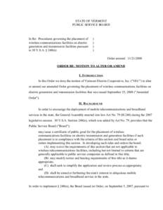 STATE OF VERMONT PUBLIC SERVICE BOARD In Re: Procedures governing the placement of wireless communications facilities on electric generation and transmission facilities pursuant