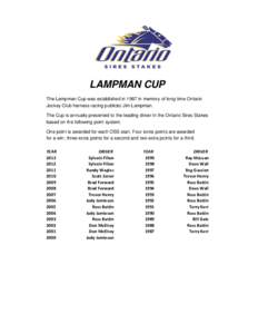 LAMPMAN CUP The Lampman Cup was established in 1987 in memory of long time Ontario Jockey Club harness racing publicist Jim Lampman. The Cup is annually presented to the leading driver in the Ontario Sires Stakes based o