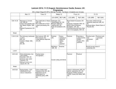 Lexicom 2014, 11-15 August, Herstmonceux Castle, Sussex, UK Programme AK is Adam Kilgarriff, MR is Michael Rundell. Numbers in brackets are minutes Mon 11  Tues 12