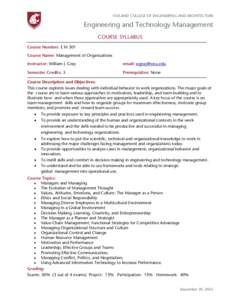 VOILAND COLLEGE OF ENGINEERING AND ARCHITECTURE  Engineering and Technology Management    COURSE SYLLABUS