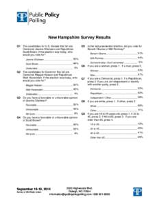 New Hampshire Survey Results Q1 The candidates for U.S. Senate this fall are Democrat Jeanne Shaheen and Republican Scott Brown. If the election was today, who
