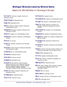 Michigan Minerals Listed by Mineral Name Based on MI DEQ GSD Bulletin 6 “Mineralogy of Michigan” Actinolite, Dickinson, Gogebic, Gratiot, and Marquette counties Aegirinaugite, Marquette County Aegirine, Marquette Cou