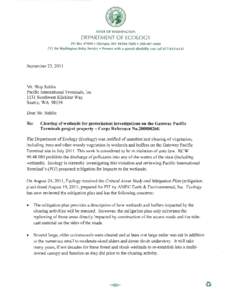 Ecology letter to Pacific Interational Terminals, Inc. | RE: Clearing of wetlands for geotechnical investigations on the Gateway Pacific Terminals project property (Corps Reference No[removed]) | Washington State Depart